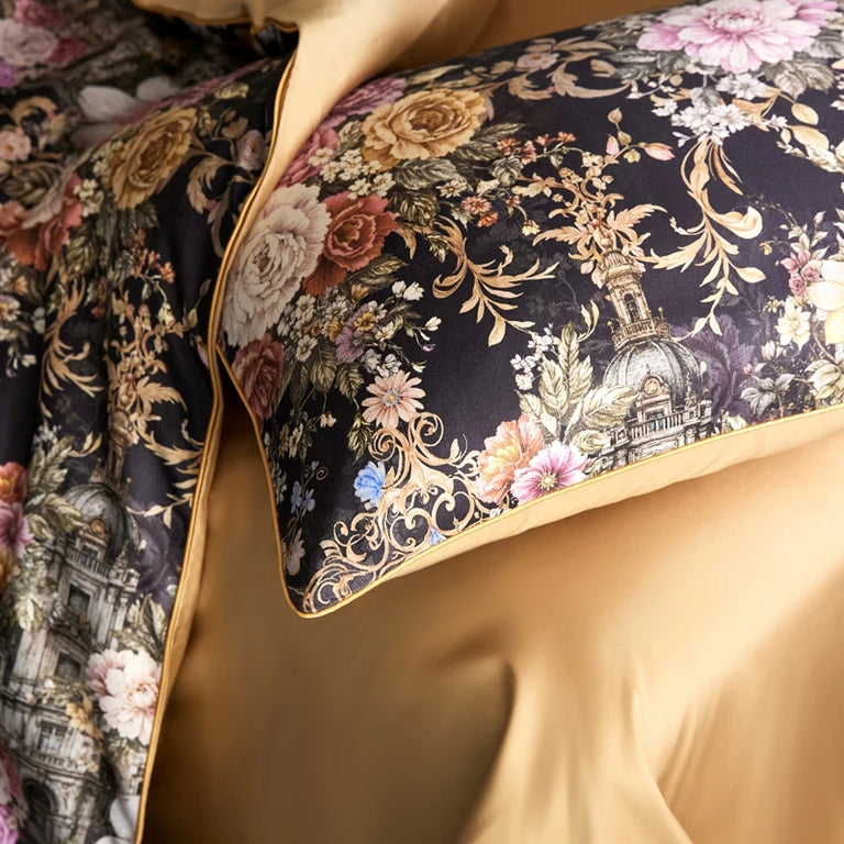 Floral Egyptian Cotton Bedding Set 800TC | Midnight Rose pillowcase with gold edge