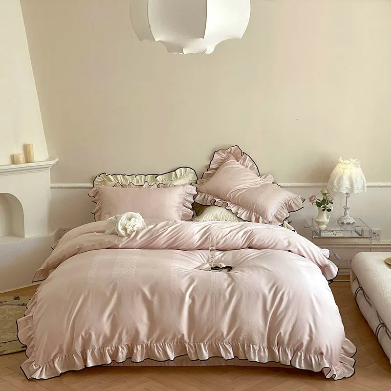 Jacquard Egyptian Cotton Bedding Set 1000TC | Black Trim Ruffle in Blush Pink