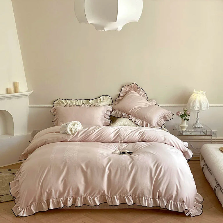 Jacquard Egyptian Cotton Bedding Set 1000TC | Black Trim Ruffle in Blush Pink