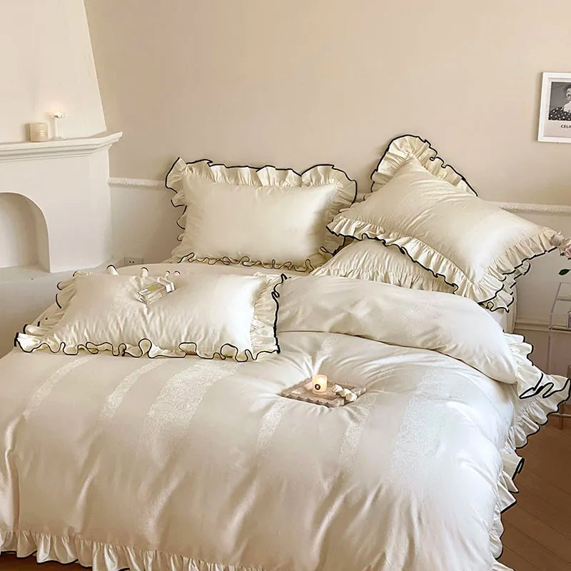 Jacquard Egyptian Cotton Bedding Set 1000TC | Black Trim Ruffle in Ivory