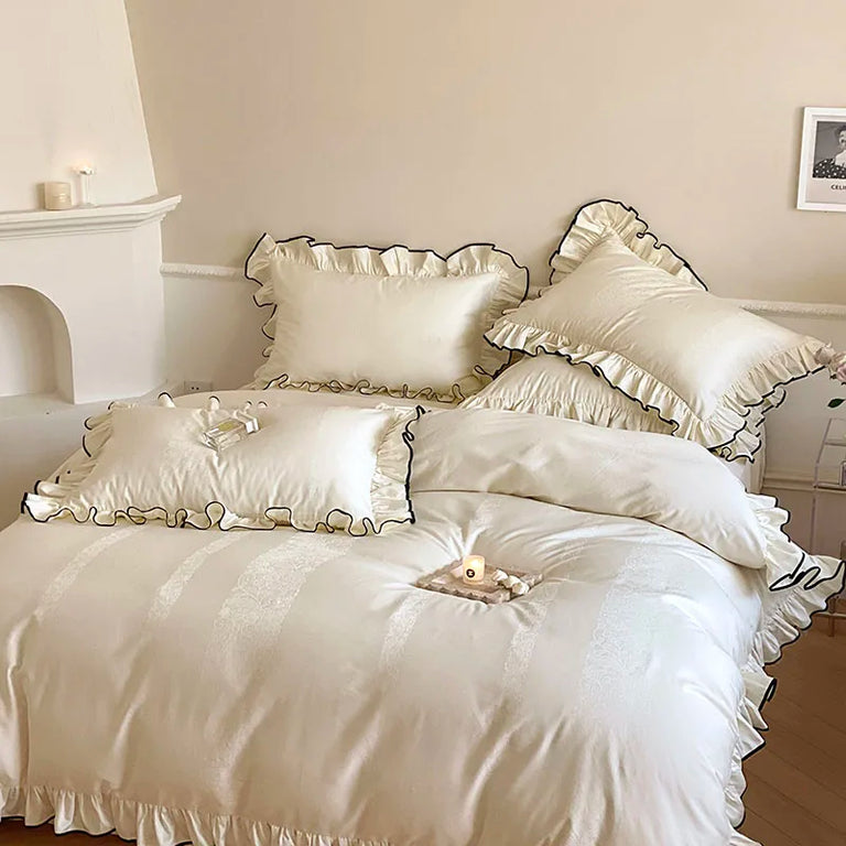 Jacquard Egyptian Cotton Bedding Set 1000TC | Black Trim Ruffle in Ivory