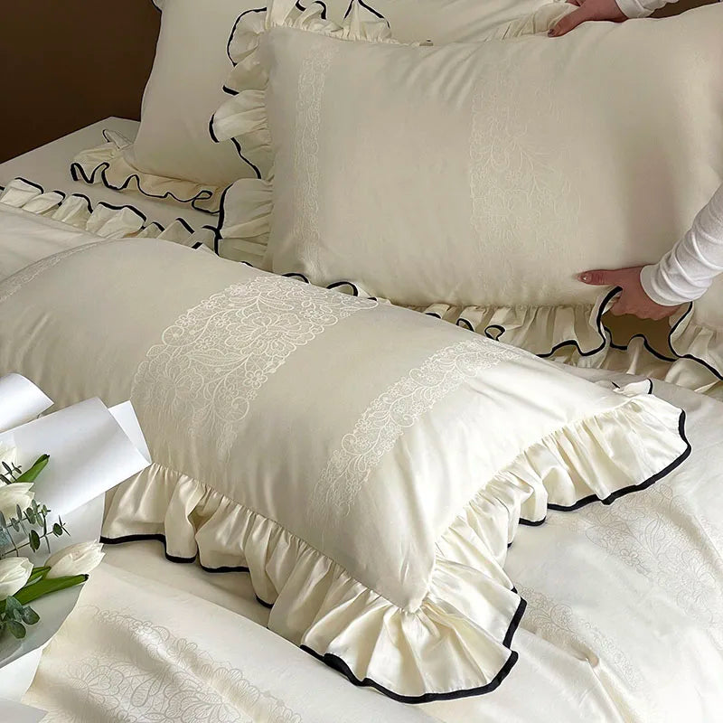 Jacquard Egyptian Cotton Bedding Set 1000TC | Black Trim Ruffle pillowcase ruffle close up