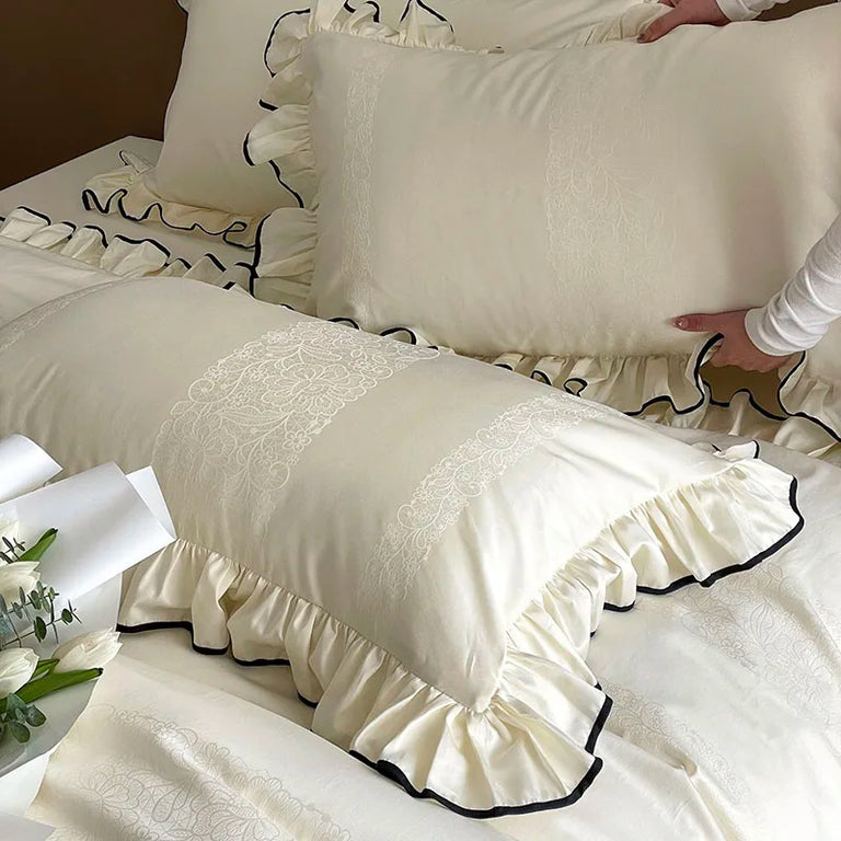 Jacquard Egyptian Cotton Bedding Set 1000TC | Black Trim Ruffle pillowcase ruffle close up