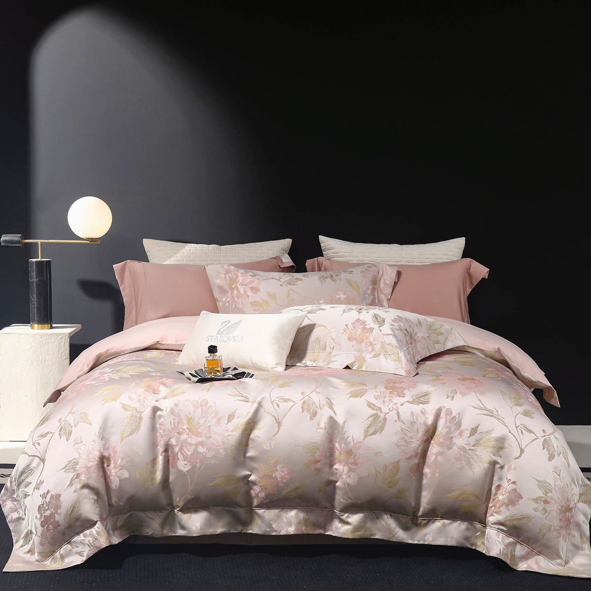 Jacquard Egyptian Cotton Bedding Set 1000TC | Blush Blossom on double bed