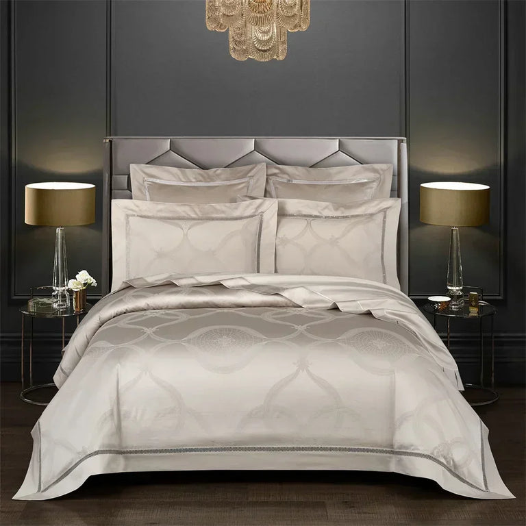 Jacquard Egyptian Cotton Bedding Set 1000TC | Champagne Trellis on double bed