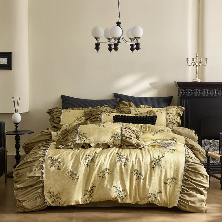 Jacquard Egyptian Cotton Bedding Set 1000TC | Golden Branch on double bed
