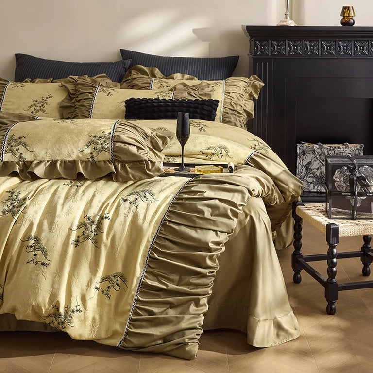 Jacquard Egyptian Cotton Bedding Set 1000TC | Golden Branch bedding corner view