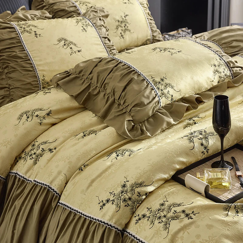 Jacquard Egyptian Cotton Bedding Set 1000TC | Golden Branch branch pattern close up