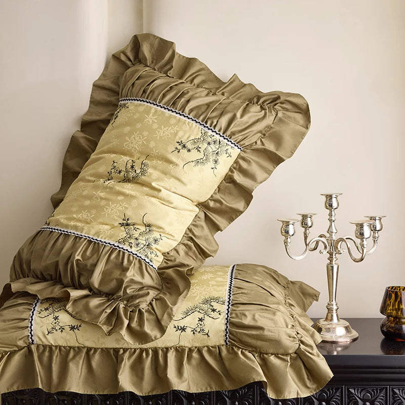 Jacquard Egyptian Cotton Bedding Set 1000TC | Golden Branch ruffle pillowcase