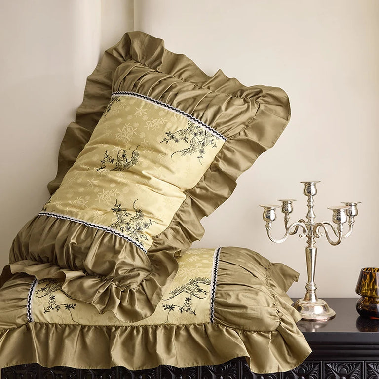 Jacquard Egyptian Cotton Bedding Set 1000TC | Golden Branch ruffle pillowcase