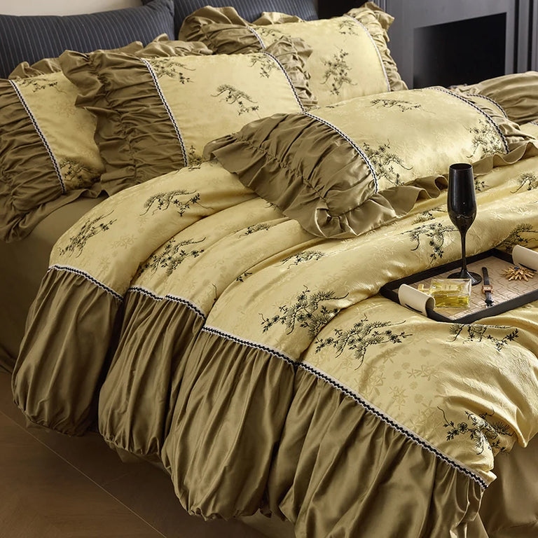 Jacquard Egyptian Cotton Bedding Set 1000TC | Golden Branch bedding side view
