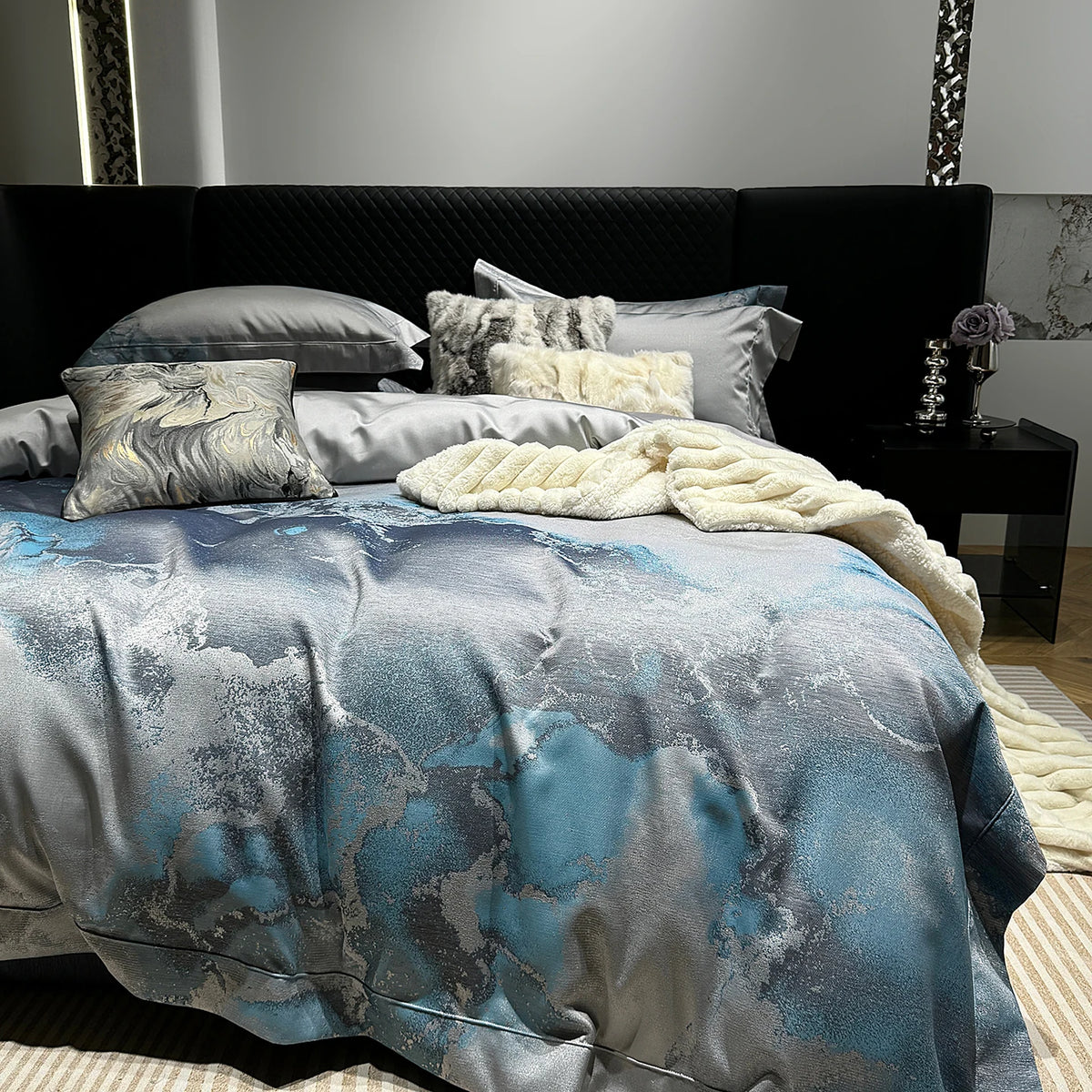 Jacquard Egyptian Cotton Bedding Set 1200TC | Blue Marble bedding angle view