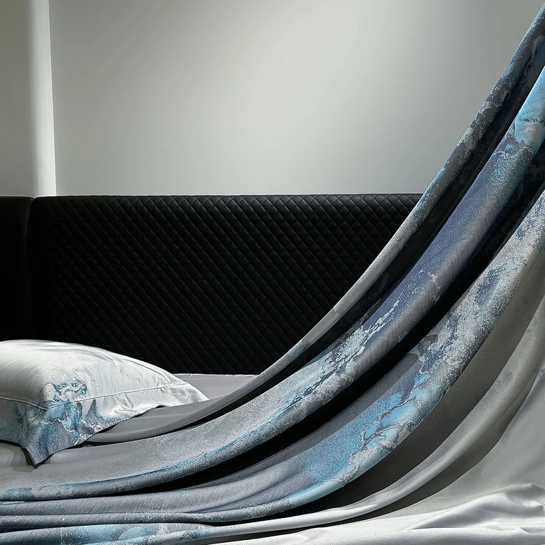 Jacquard Egyptian Cotton Bedding Set 1200TC | Blue Marble duvet cover draped