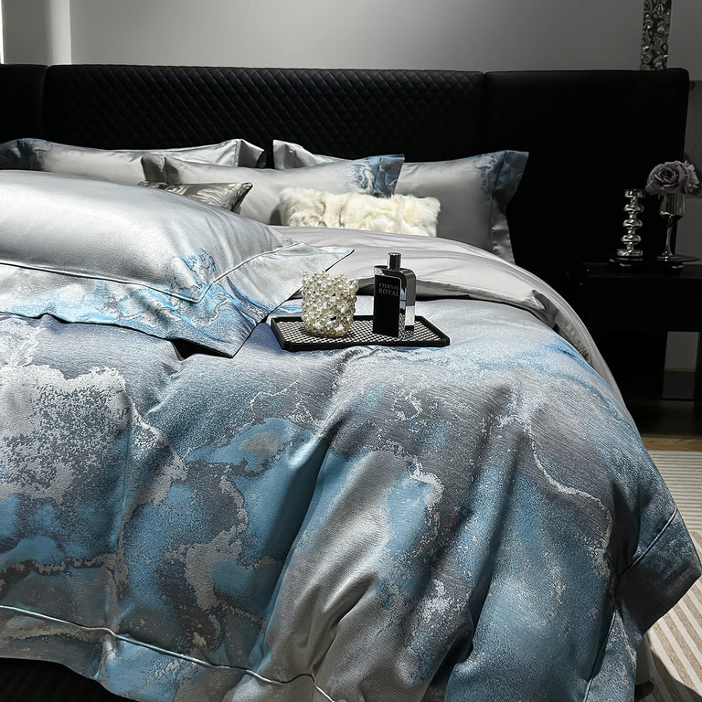 Jacquard Egyptian Cotton Bedding Set 1200TC | Blue Marble bedding front view