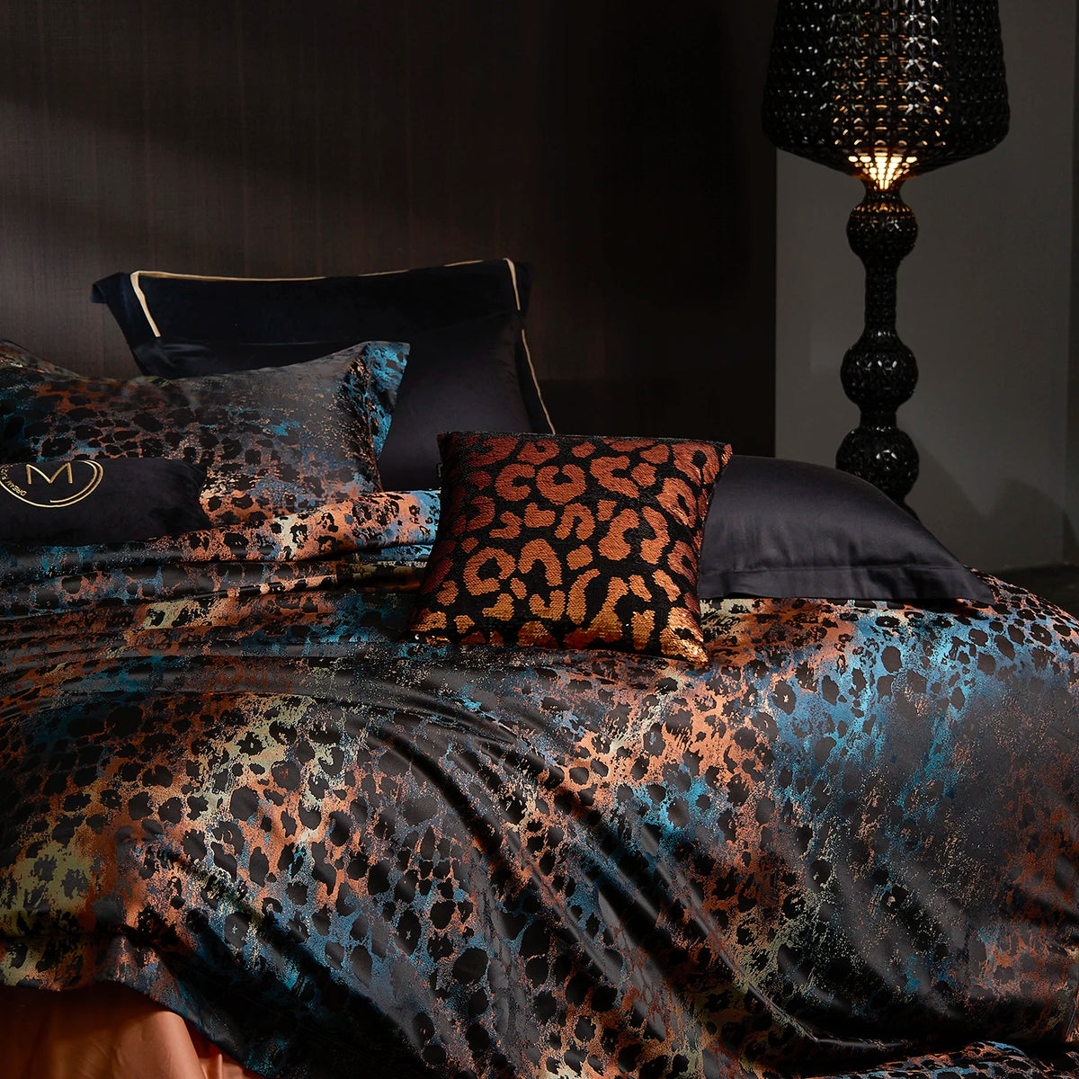 Jacquard Egyptian Cotton Bedding Set 1200TC | Copper Leopard bedding angle view