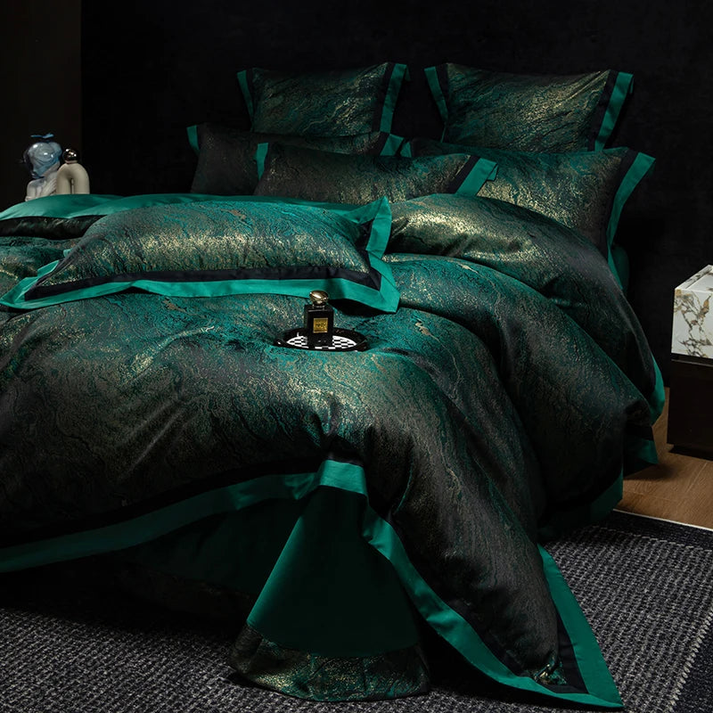 Jacquard Egyptian Cotton Bedding Set 1200TC | Emerald Gold duvet cover angle view