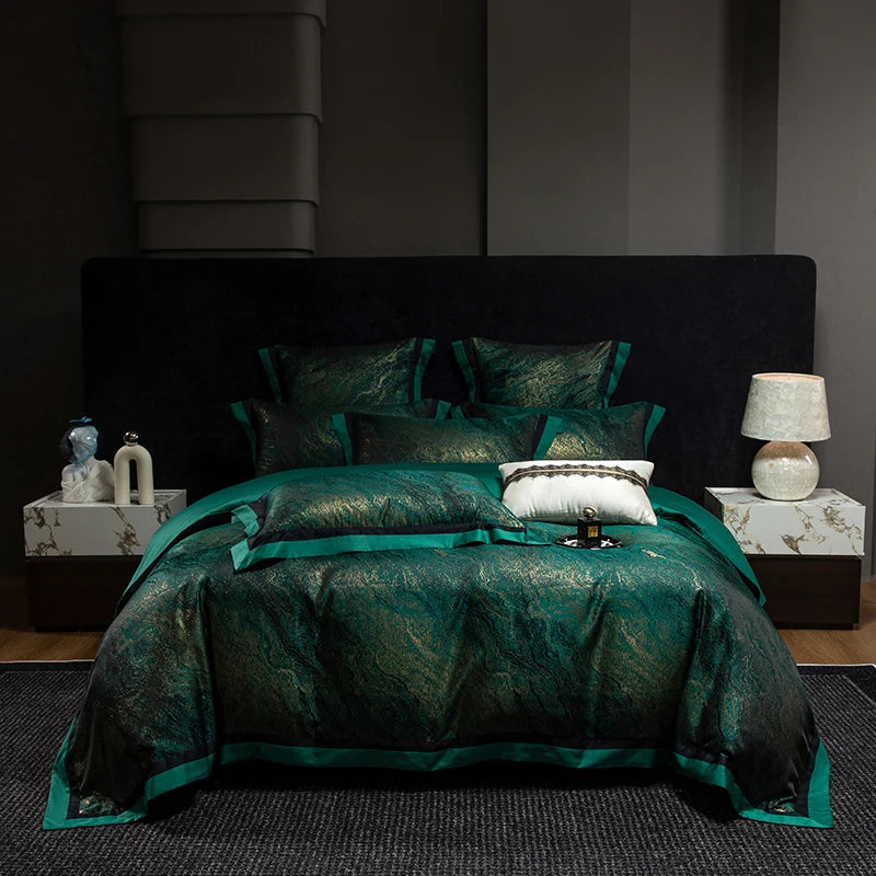 Jacquard Egyptian Cotton Bedding Set 1200TC | Emerald Gold on bed