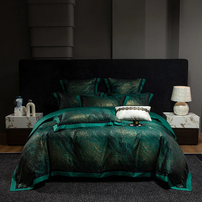 Jacquard Egyptian Cotton Bedding Set 1200TC | Emerald Gold on bed