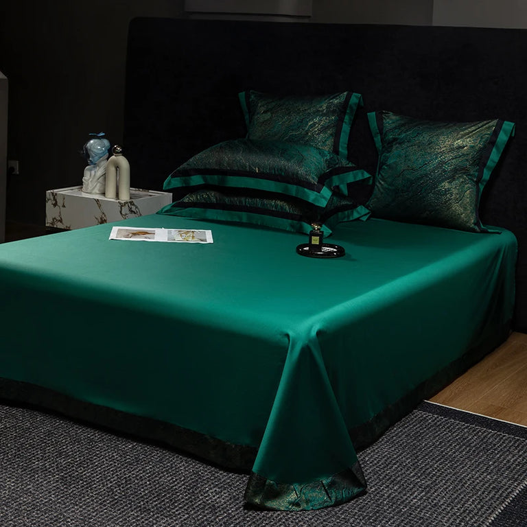 Jacquard Egyptian Cotton Bedding Set 1200TC | Emerald Gold with emerald flat sheet