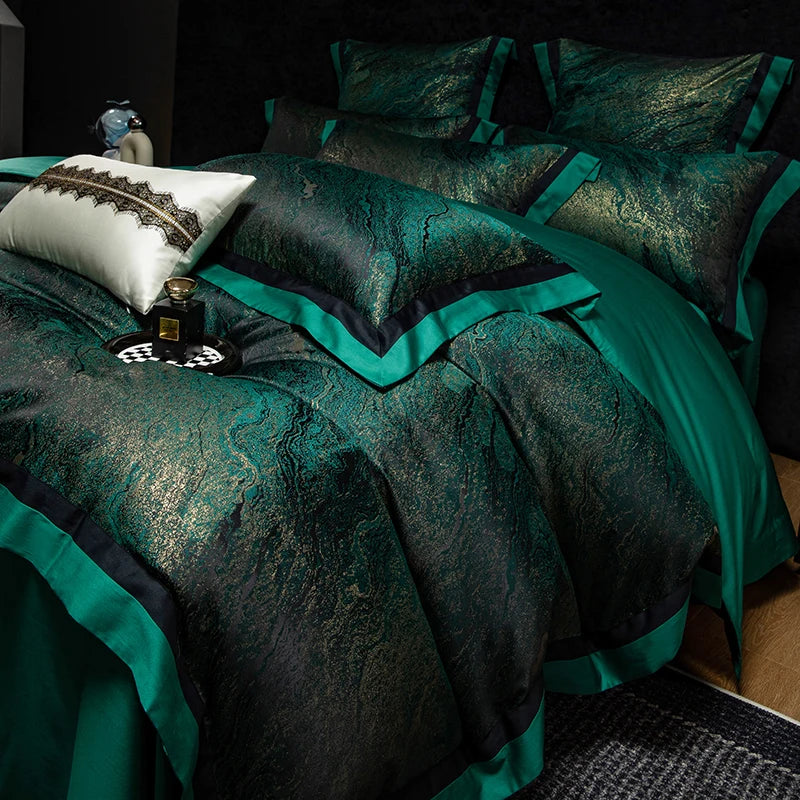 Jacquard Egyptian Cotton Bedding Set 1200TC | Emerald Gold jacquard pattern close up