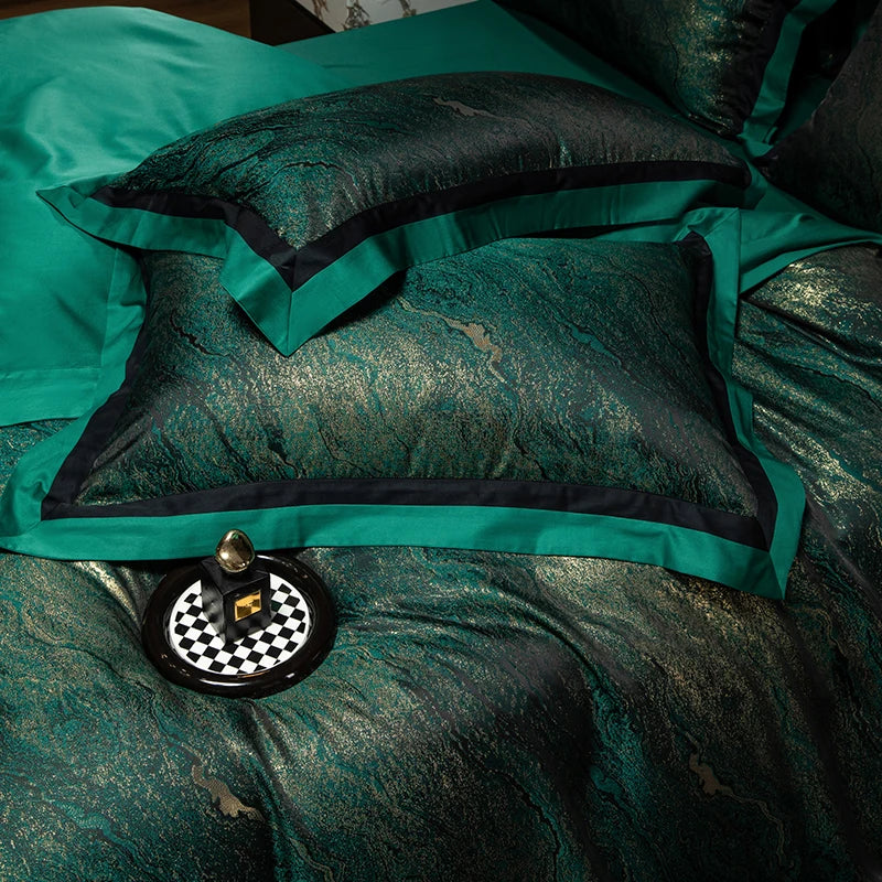 Jacquard Egyptian Cotton Bedding Set 1200TC | Emerald Gold pillowcases with emerald border