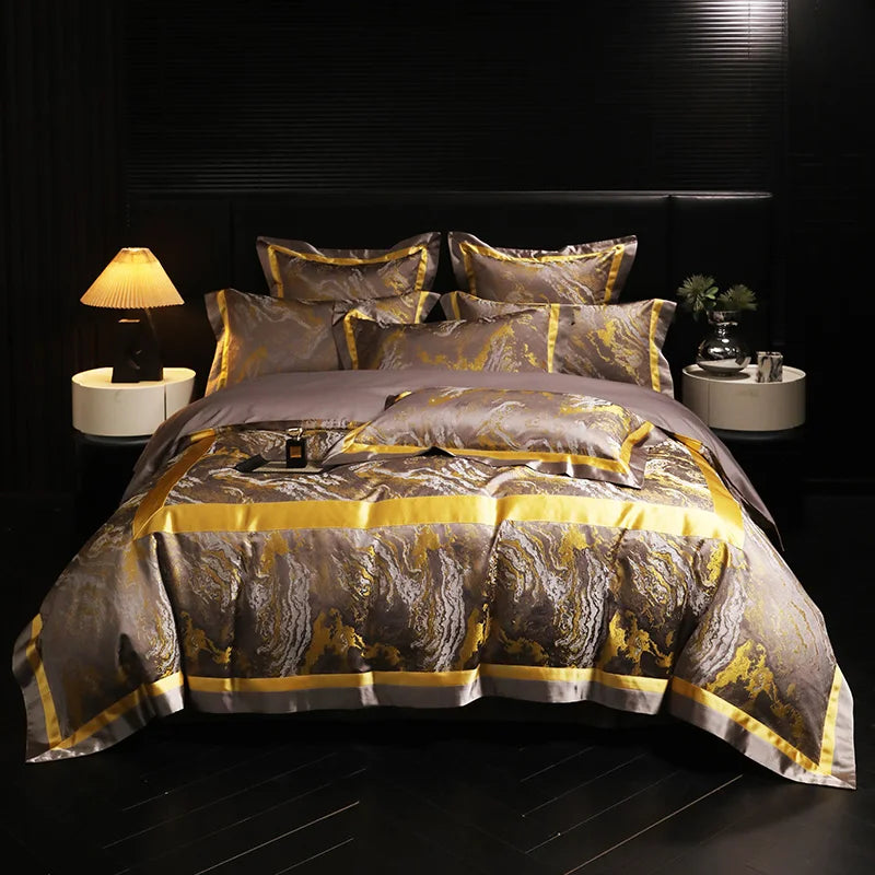 Jacquard Egyptian Cotton Bedding Set 1200TC | Golden Swirl on double bed