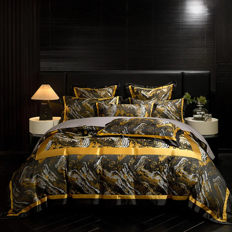 Jacquard Egyptian Cotton Bedding Set 1200TC | Golden Swirl in Black and Gold