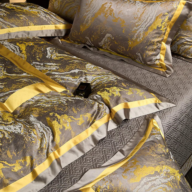 Jacquard Egyptian Cotton Bedding Set 1200TC | Golden Swirl pillowcases and duvet cover close up