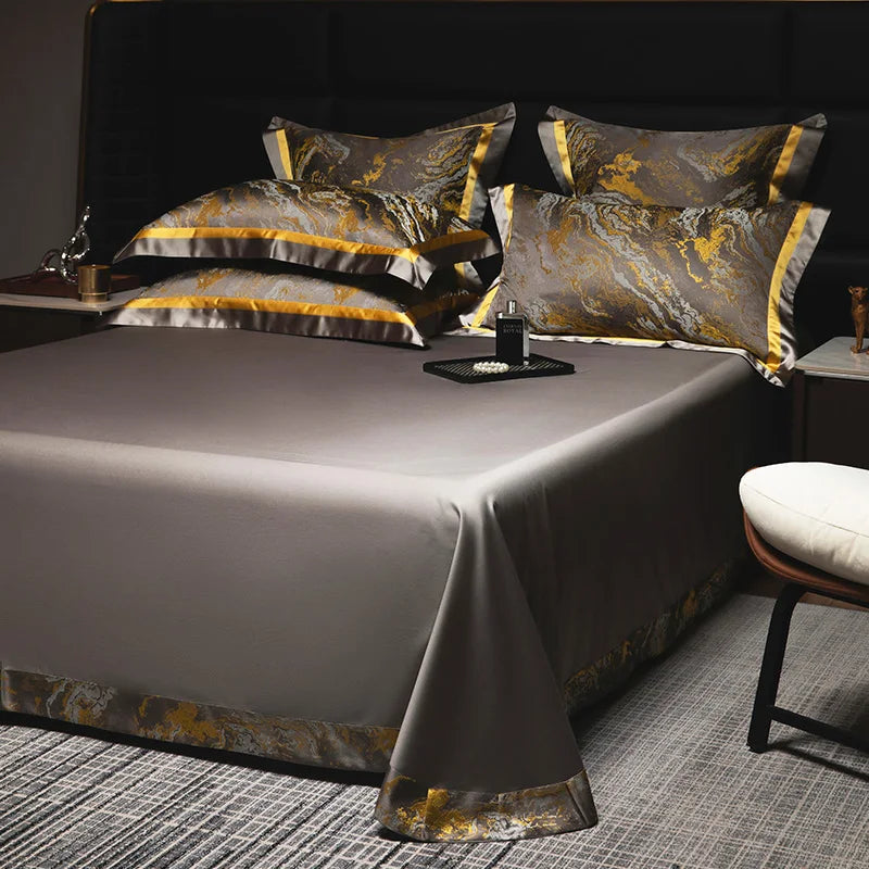 Jacquard Egyptian Cotton Bedding Set 1200TC | Golden Swirl flat sheet and pillowcases