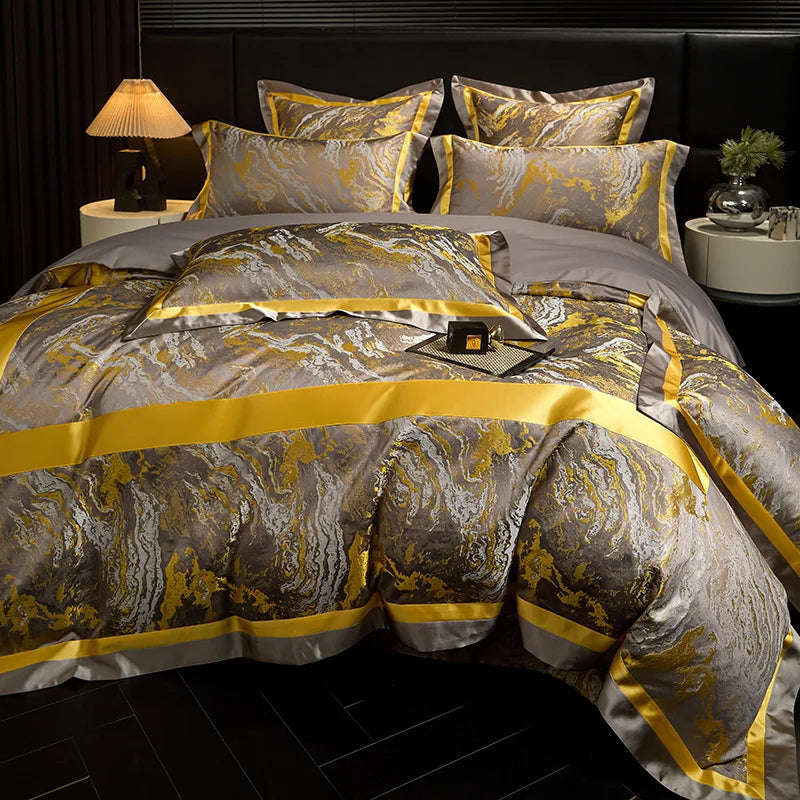Jacquard Egyptian Cotton Bedding Set 1200TC | Golden Swirl bedding side view