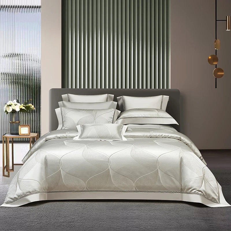 Jacquard Egyptian Cotton Bedding Set 1200TC | Silver Arc on double bed