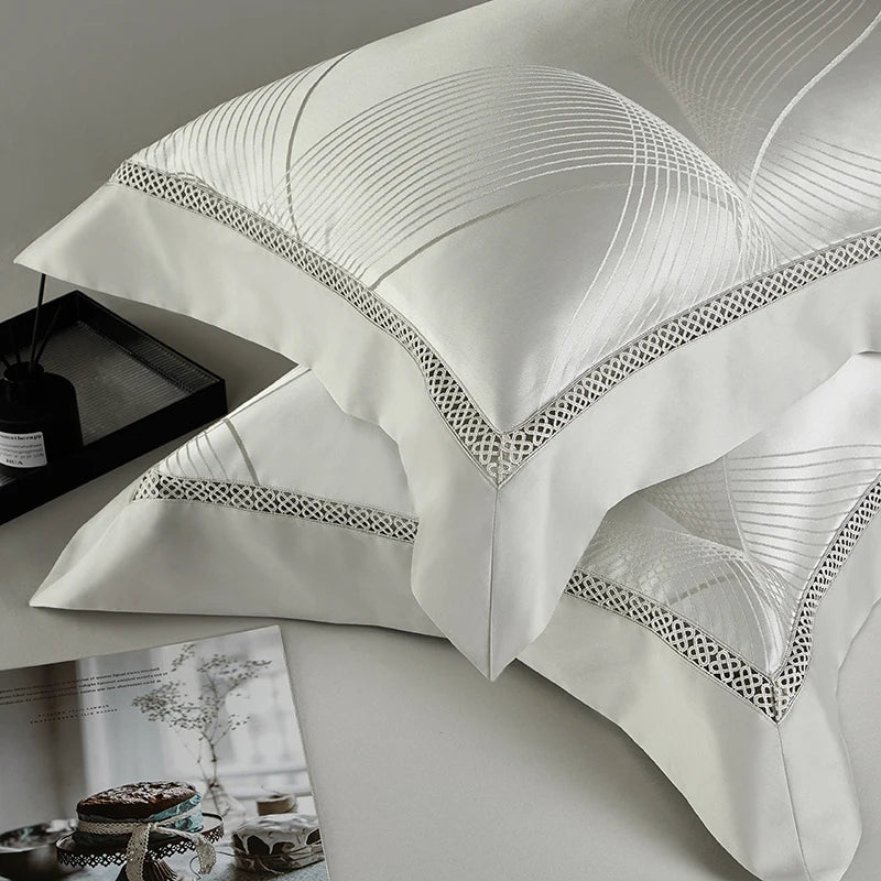 Jacquard Egyptian Cotton Bedding Set 1200TC | Silver Arc pillowcases with stitched border
