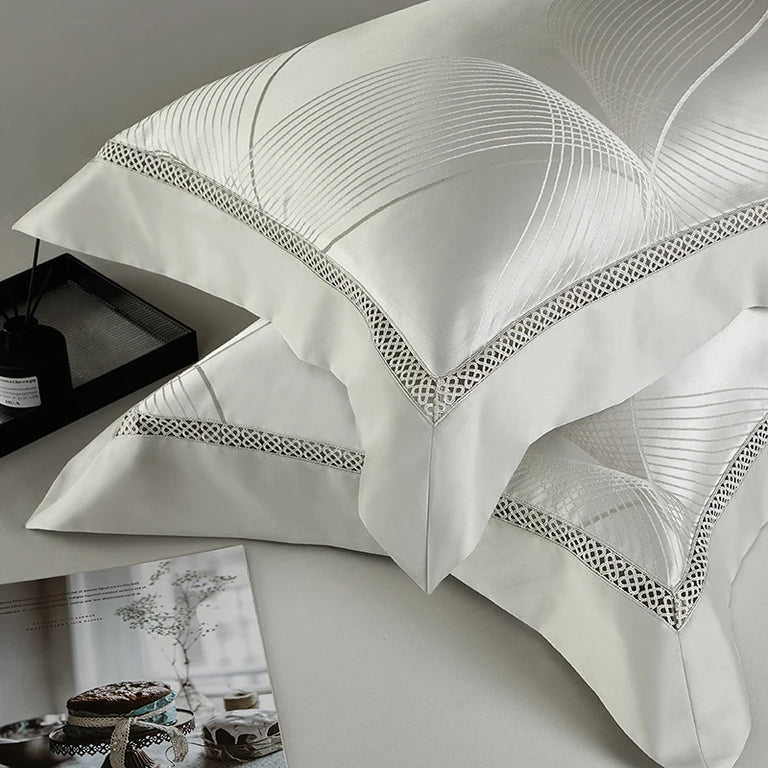 Jacquard Egyptian Cotton Bedding Set 1200TC | Silver Arc pillowcases with stitched border