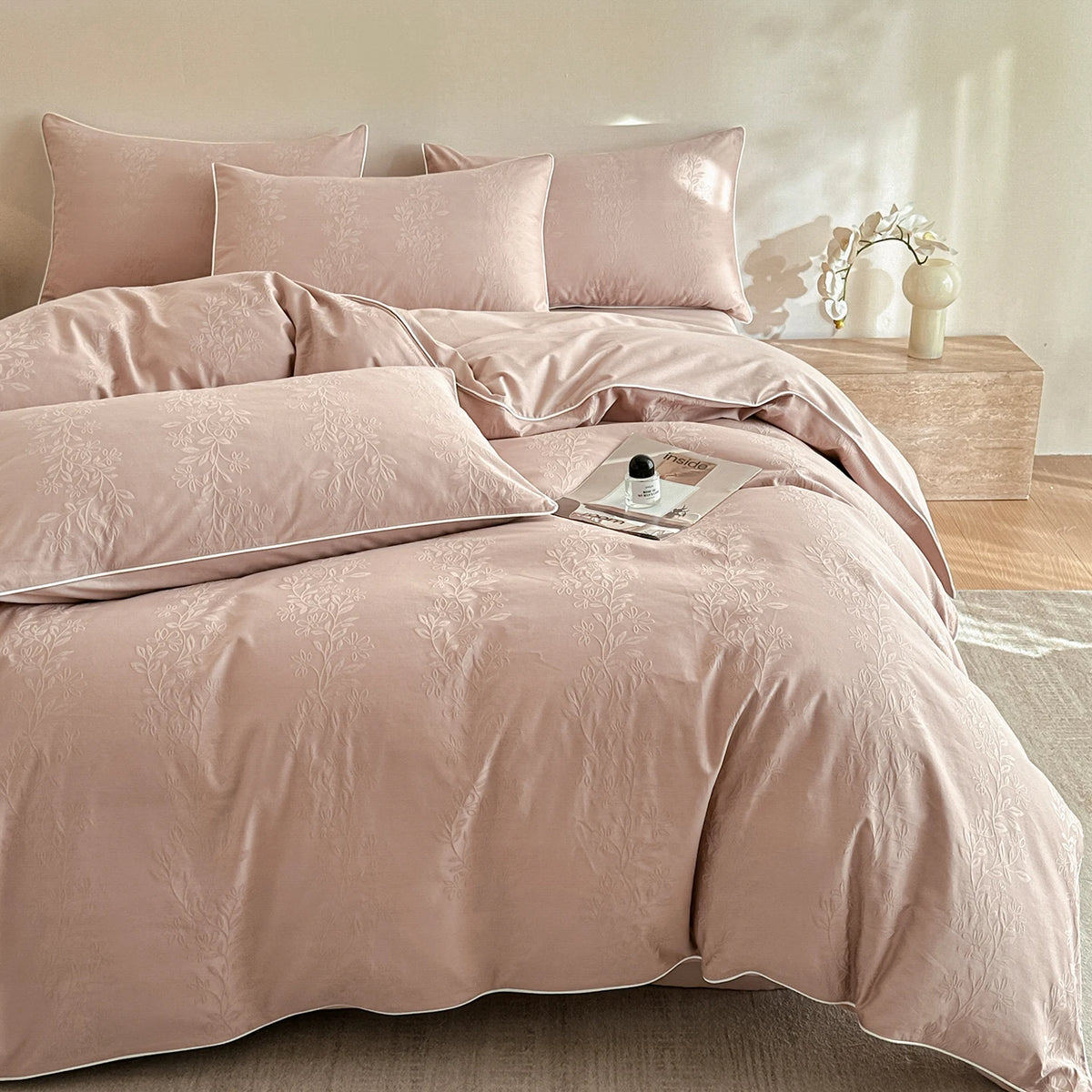 Jacquard Egyptian Cotton Bedding Set 800TC | Floral Stem in Dusty Rose