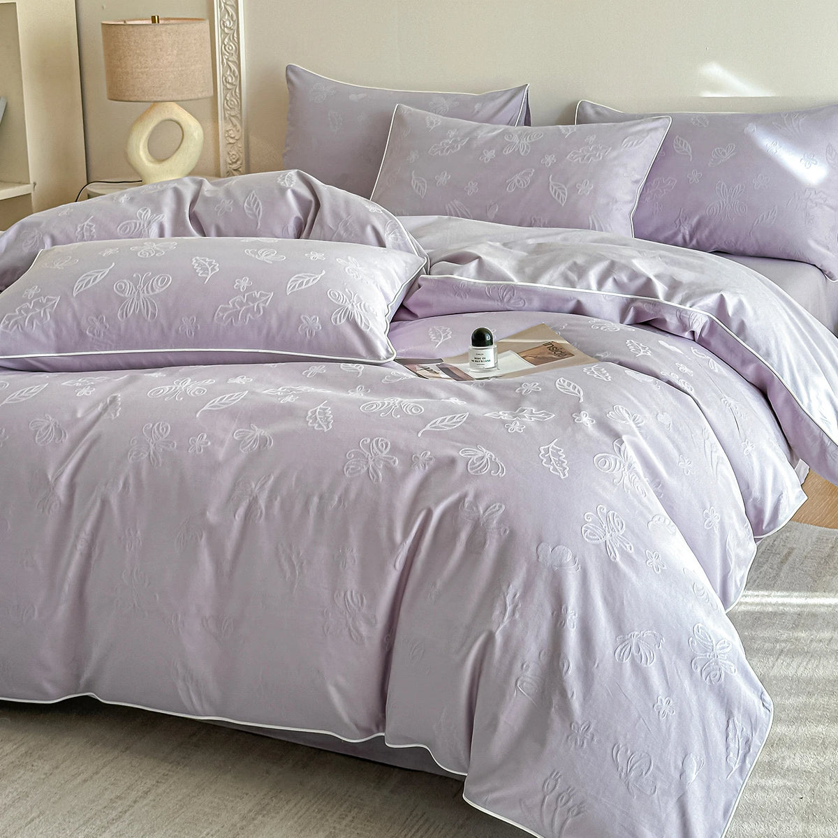Jacquard Egyptian Cotton Bedding Set 800TC | Floral Stem in Soft Lilac