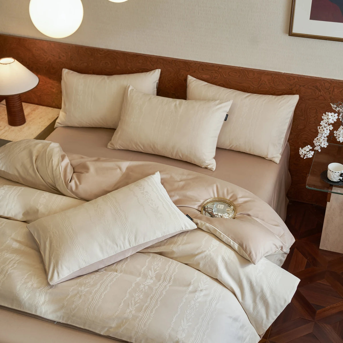 Jacquard Egyptian Cotton Bedding Set 800TC | Wheat Ear in Cream