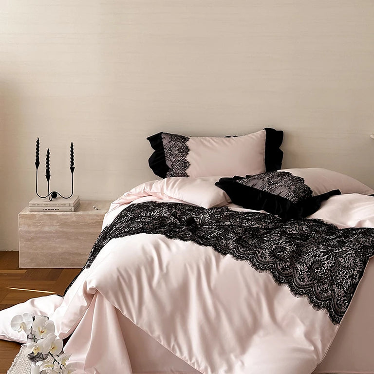 Lace Egyptian Cotton Bedding Set 1000TC | Blush and Black black lace panel