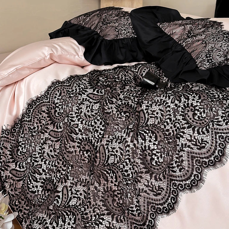 Lace Egyptian Cotton Bedding Set 1000TC | Blush and Black black lace close up