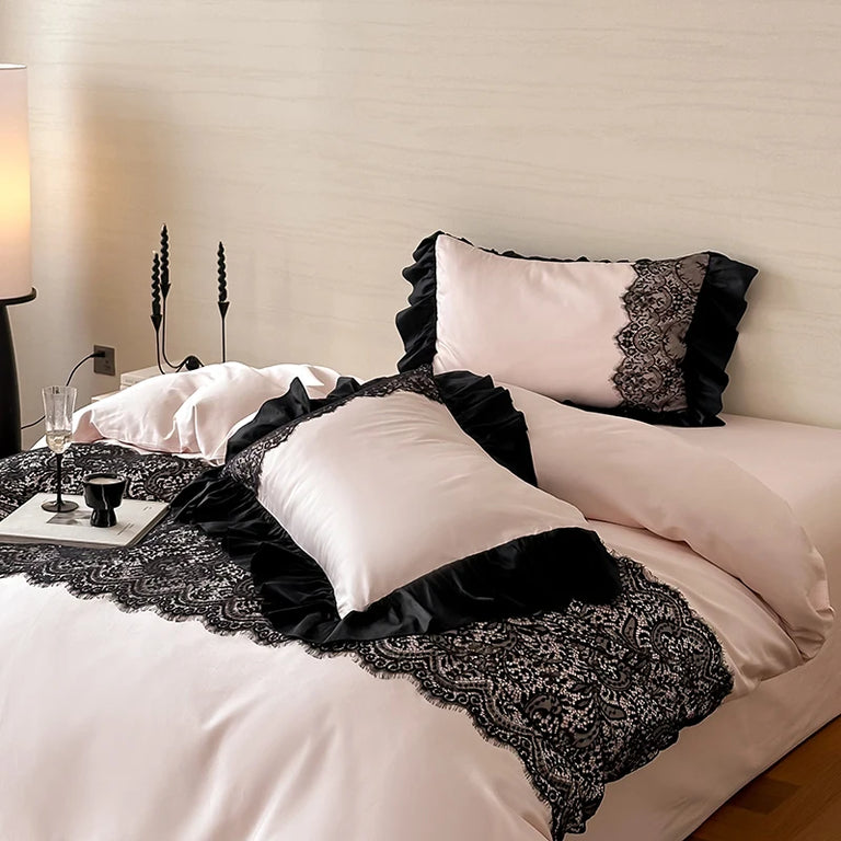Lace Egyptian Cotton Bedding Set 1000TC | Blush and Black pillowcase and lace
