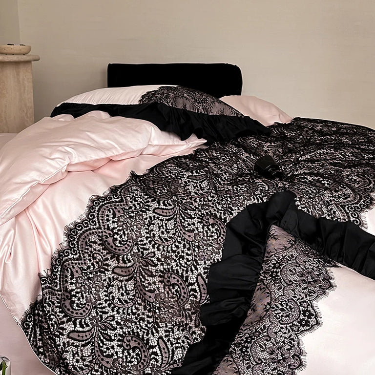 Lace Egyptian Cotton Bedding Set 1000TC | Blush and Black lace and ruffle close up