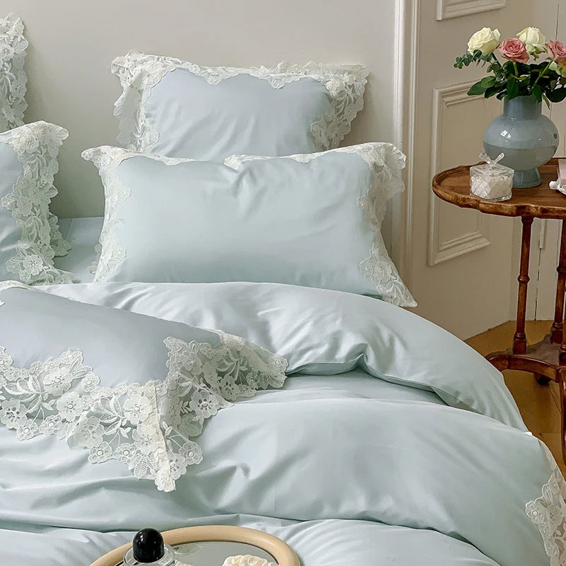 Lace Egyptian Cotton Bedding Set 1000TC | Mint Lace duvet cover angle view