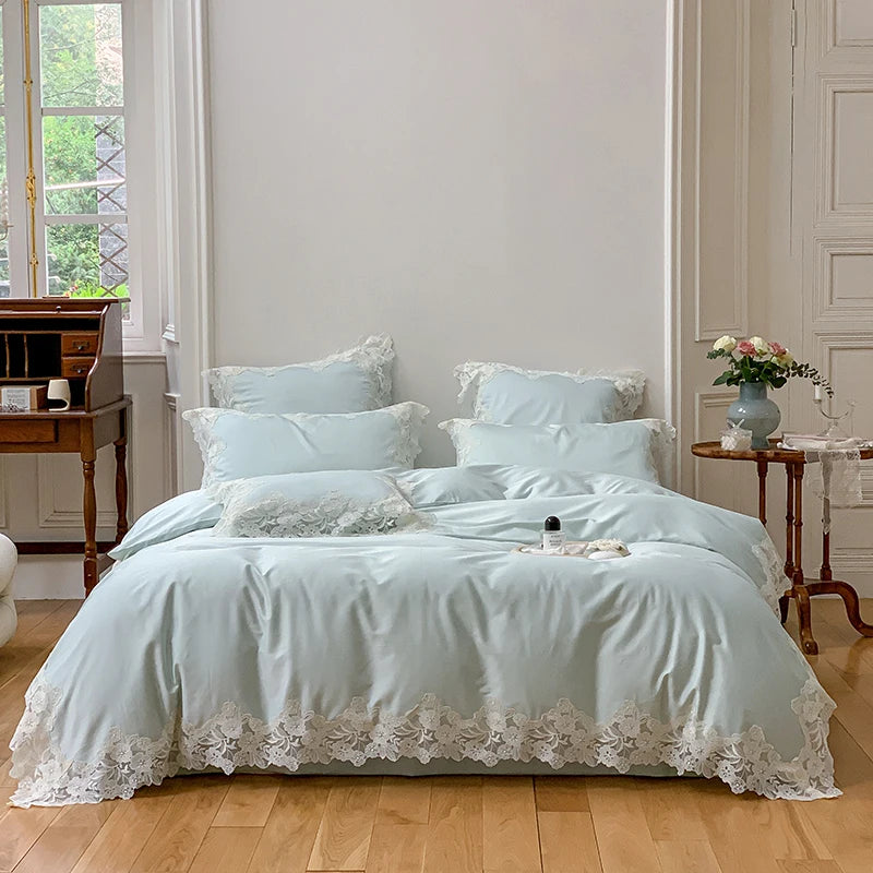 Lace Egyptian Cotton Bedding Set 1000TC | Mint Lace on double bed