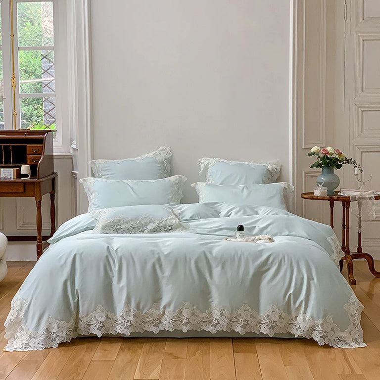 Lace Egyptian Cotton Bedding Set 1000TC | Mint Lace on double bed