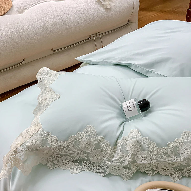 Lace Egyptian Cotton Bedding Set 1000TC | Mint Lace lace trim close up