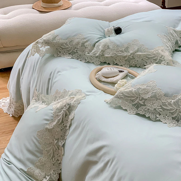 Lace Egyptian Cotton Bedding Set 1000TC | Mint Lace bedding side view
