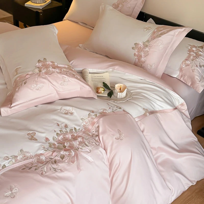 Luxury Blue Satin Bedding Set with Silver Floral Embroidery - 600TC