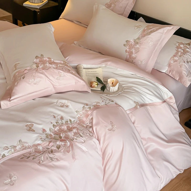 Luxury Blue Satin Bedding Set with Silver Floral Embroidery - 600TC