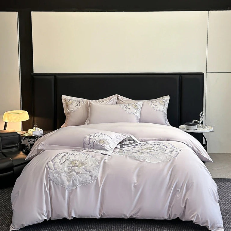 Embroidered Blue Satin Floral Bedding Set with Duvet Cover -  600TC