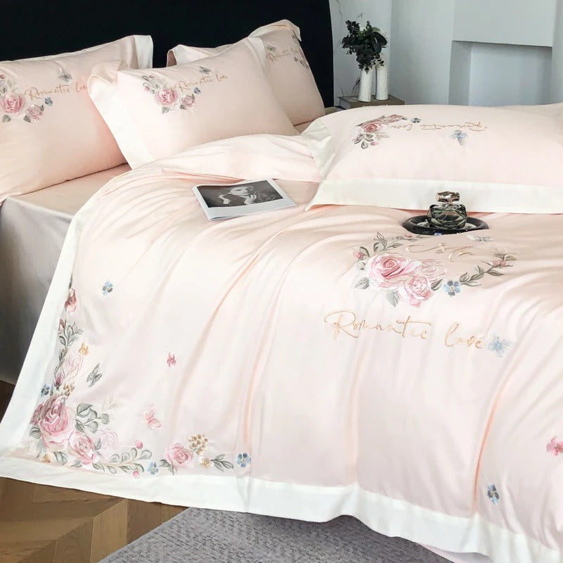 Pastel Blue Floral Embroidery Cotton Bedding Set with Duvet Cover - 900TC