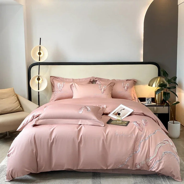 Feather-Embroidered Beige Satin Bedding Set with Duvet Cover - 600TC